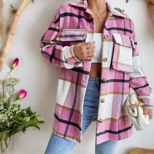 Pink Flannel Button Down Plaid Shacket